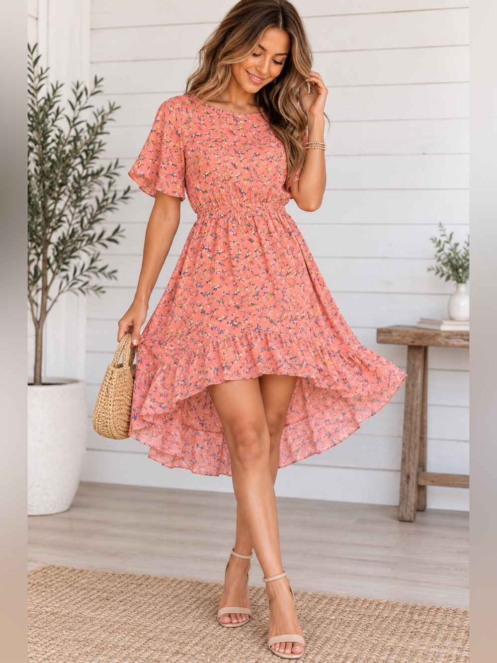 Lush Floral Flutter Sleeve High-Low Skater Dress Size Small